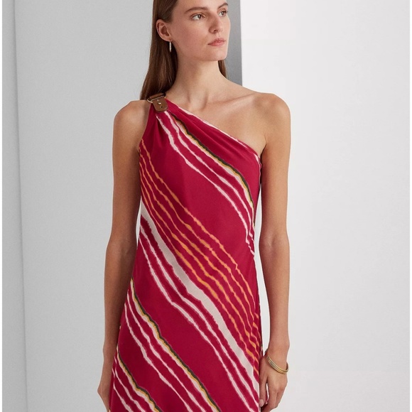 Ralph Lauren Striped One-Shoulder Crinkle Georgette Dress (NWT) - Picture 4 of 6
